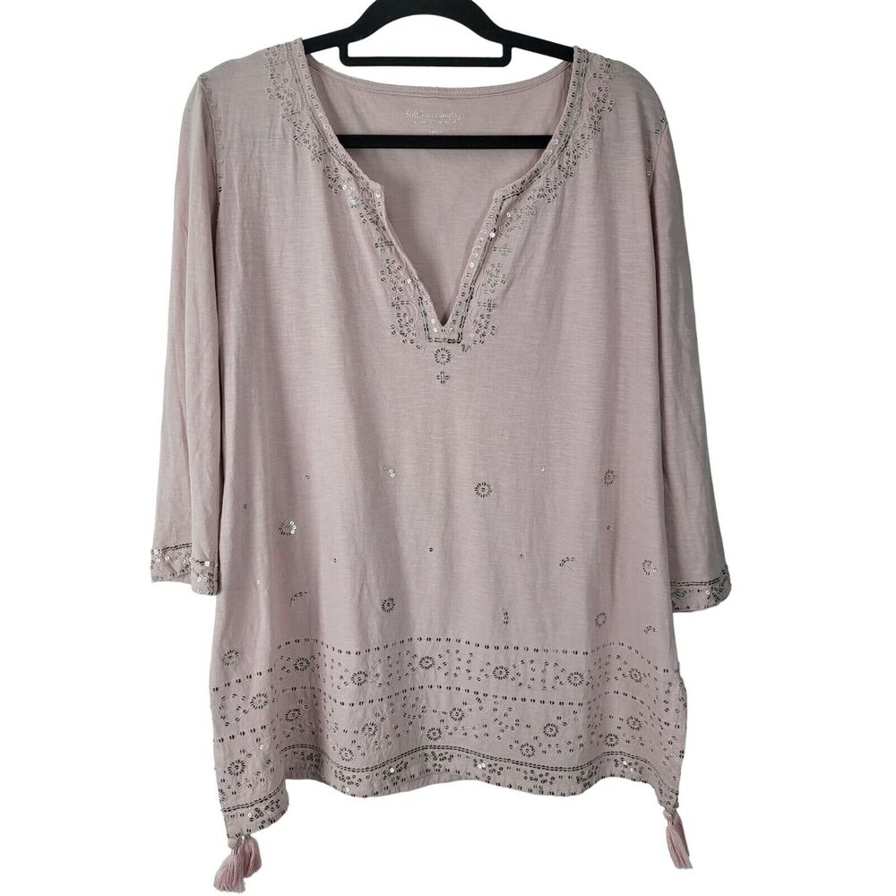 Soft Surroundings Long Sleeve Top‎ Med Womens V Neck Sequin Pullover Blouse